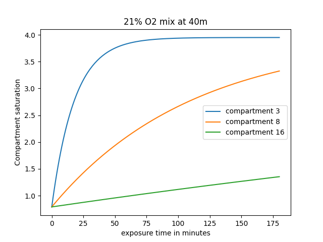 Graph showing the evolution of nitrogen in 3 different compartments during a dive at 40 meters while breathing air
