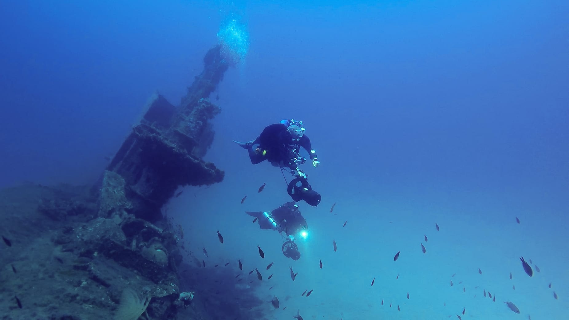 A technical diver diving the HMS stubborn wreck, off the coast of Malta