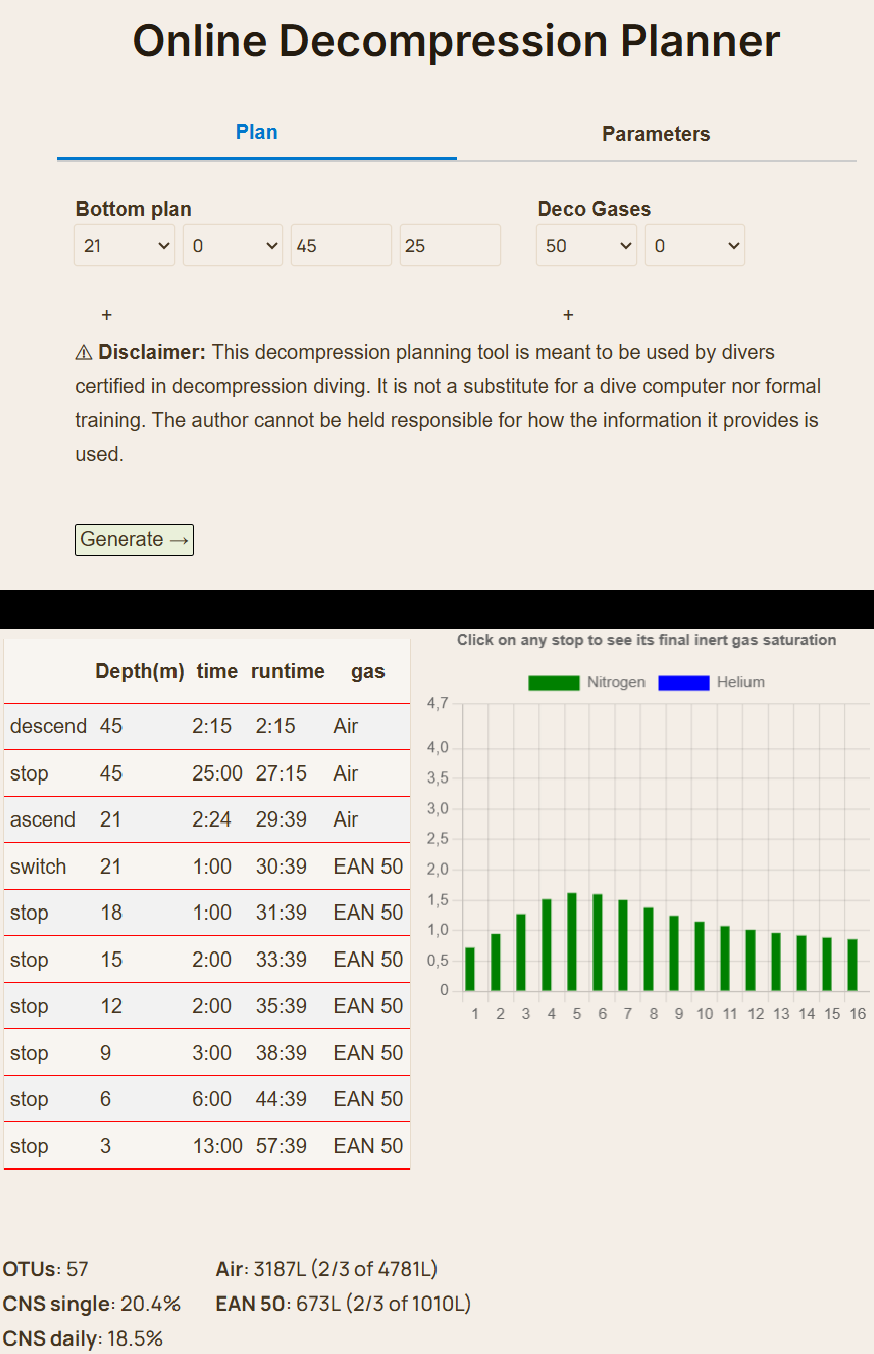 An decompression plan being generated from an online decompression planning tool